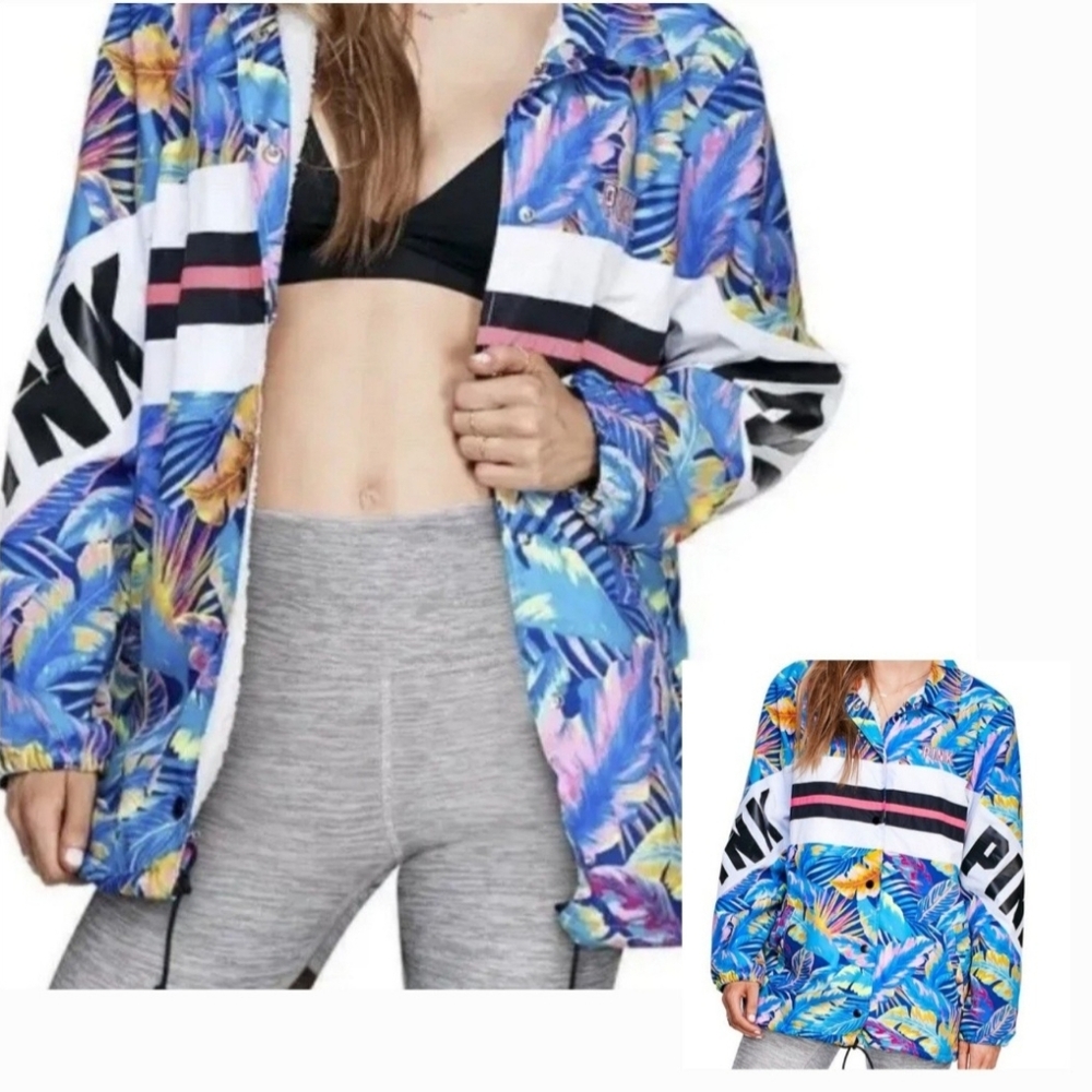 Victoria's Secret PINK Sherpa Lined Coaches Jacket Tropical Print Size Medium